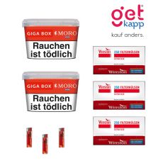 Sparset Moro Tabak Red Giga Box. Zwei rote Eimer mit mit weißer Moro Aufschrift, Break Plus Hülsen und Feuerzeuge.