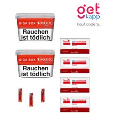 Sparset Moro Tabak Red Giga Box. Zwei rote Eimer mit mit weißer Moro Aufschrift, Break Hülsen und Feuerzeuge.