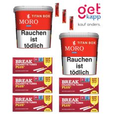 Sparset Moro Tabak Red Titan Box. Zwei große rote Eimer mit mit weißer Moro Aufschrift, Break Plus Hülsen und Feuerzeugen.