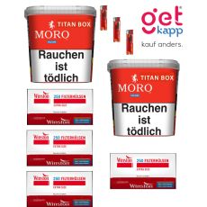 Sparset Moro Tabak Red Titan Box. Zwei große rote Eimer mit mit weißer Moro Aufschrift, Break Plus Hülsen und Feuerzeugen.