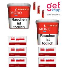 Sparset Moro Tabak Red Titan Box. Zwei große rote Eimer mit mit weißer Moro Aufschrift, Break Hülsen und Feuerzeugen.