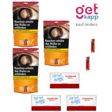 Sparset Tabak Pall Mall Allround Giga Beutel. Drei orange-rote Beutel mit Pall Mall Logo, Hülsen Du hast die Wahl und Feuerzeuge.