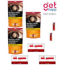 Sparset Tabak Pall Mall Allround Giga Beutel. Drei orange-rote Beutel mit Pall Mall Logo, Winston Hülsen und Feuerzeuge.