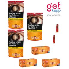 Sparset Tabak Pall Mall Allround Giga Beutel. Drei orange-rote Beutel mit Pall Mall Logo, Hülsen und Feuerzeuge.