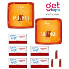 Sparset Tabak Pall Mall Allround Maxi Box. Zwei große orange-rote Eimer mit Pall Mall Logo, Hülsen Ihrer Wahl und Feuerzeuge.
