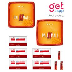 Sparset Tabak Pall Mall Allround Maxi Box. Zwei große orange-rote Eimer mit Pall Mall Logo, Hülsen Winston und Feuerzeuge.