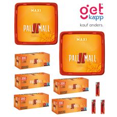 Sparset Tabak Pall Mall Allround Maxi Box. Zwei große orange-rote Eimer mit Pall Mall Logo, Hülsen und Feuerzeuge.