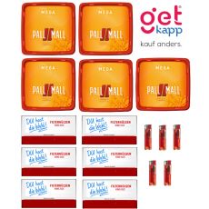 Sparset Tabak Pall Mall Allround Mega Box. Fünf orange-rote Eimer mit Pall Mall Logo mit Hülsen Du hast die Wahl und Feuerzeuge.