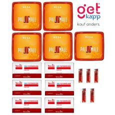 Sparset Tabak Pall Mall Allround Mega Box. Fünf orange-rote Eimer mit Pall Mall Logo mit Winston Hülsen und Feuerzeuge.