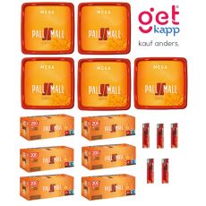 Sparset Tabak Pall Mall Allround Mega Box. Fünf orange-rote Eimer mit Pall Mall Logo mit Hülsen und Feuerzeuge.