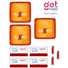 Sparset Tabak Pall Mall Allround Mega Box. Drei orange-rote Eimer mit Pall Mall Logo mit Hülsen Du hast die Wahl und Feuerzeuge.