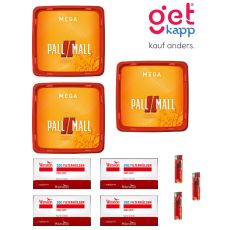 Sparset Tabak Pall Mall Allround Mega Box. Drei orange-rote Eimer mit Pall Mall Logo mit Winston Hülsen und Feuerzeuge.