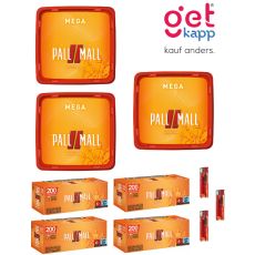 Sparset Tabak Pall Mall Allround Mega Box. Drei orange-rote Eimer mit Pall Mall Logo mit Hülsen und Feuerzeuge.