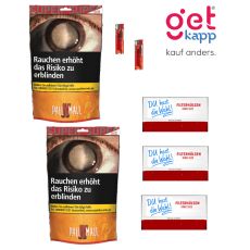 Sparset Tabak Pall Mall Allround Super Beutel. Zwei orange-rote Beutel mit Pall Mall Logo, Hülsen Du hast die Wahl und Feuerzeuge.
