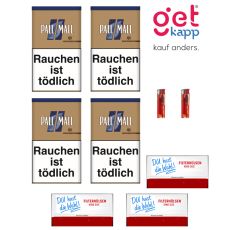 Sparset Tabak Pall Mall Authentic Blau Dose. Vier beige Dosen mit blauem Pausezeichen, Hülsen Du hast die Wahl und Feuerzeuge.