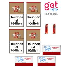 Sparset Tabak Pall Mall Authentic Rot Dose. Vier beige Dosen mit rotem Pausezeichen, Hülsen deiner Wahl und Feuerzeuge.