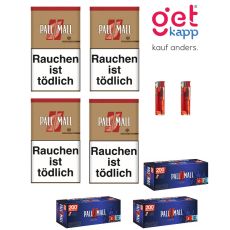 Sparset Tabak Pall Mall Authentic Rot Dose. Vier beige Dosen mit rotem Pausezeichen, Pall Mall Hülsen und Feuerzeuge.