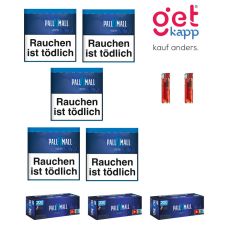 Sparset Tabak Pall Mall Blau Dose. Fünf blaue Dosen mit blauem Pausezeichen, Pall Mall Hülsen und Feuerzeuge.