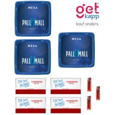 Sparset Tabak Pall Mall Blau Mega Box. Drei blaue Eimer mit Pall Mall Logo mit Du hast die Wahl Hülsen und Feuerzeuge.