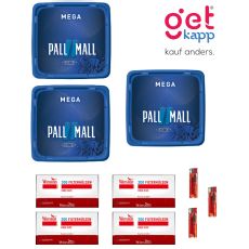 Sparset Tabak Pall Mall Blau Mega Box. Drei blaue Eimer mit Pall Mall Logo mit Winston Hülsen und Feuerzeuge.