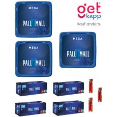 Sparset Tabak Pall Mall Blau Mega Box. Drei blaue Eimer mit Pall Mall Logo mit Pall Mall Hülsen und Feuerzeuge.