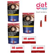 Beutel Tabak Pall Mall Rot Giga. Blauer Beutel mit rotem Pausezeichen und weißer Pall Mall Aufschrift.