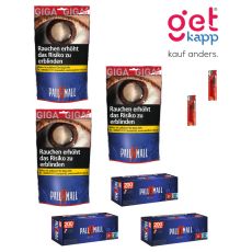 Sparset Tabak Pall Mall Rot Giga Beutel. Drei blaue Beutel mit rotem Pausezeichen, Pall Mall Hülsen und Feuerzeuge.