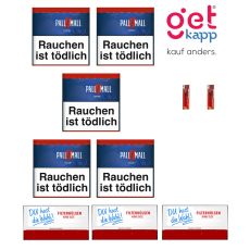 Sparset Tabak Pall Mall Rot Dose. Fünf rote Dosen mit blauem Pausezeichen, Hülsen deiner Wahl und Feuerzeuge.