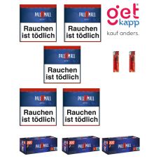 Sparset Tabak Pall Mall Rot XL Dose. Fünf blaue Dosen mit rotem Pausezeichen, Pall Mall Hülsen und Feuerzeuge.