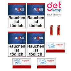 Sparset Tabak Pall Mall Red Dose. Vier rot-blaue Dosen mit rotem Pausezeichen, Hülsen deiner Wahl und Feuerzeuge.