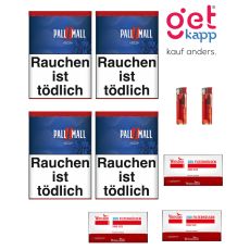 Sparset Tabak Pall Mall Rot XXL Dose. Vier große blaue Dosen mit rotem Pausezeichen, Winston Hülsen und Feuerzeuge.