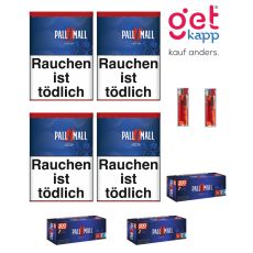 Sparset Tabak Pall Mall Rot XXL Dose. Vier große blaue Dosen mit rotem Pausezeichen, Pall Mall Hülsen und Feuerzeuge.