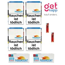 Sparset Paramount Tabak Blue Dose. Vier weiße Dosen mit blauem Paramont Logo mit Extra Hülsen und Feuerzeugen.