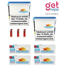 Sparset Paramount Tabak Blue Giga Box. Zwei weiße Eimer mit blauem Paramont Logo mit Extra Hülsen und Feuerzeugen.