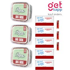 Sparset Tabak Pepe Bright Big Box. Drei hellgrüne Eimer mit fünf King Size Hülsen deiner Wahl und Feuerzeuge.