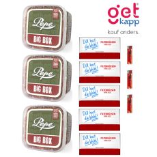 Sparset Tabak Pepe Rich Green Big Box. Drei grüne Eimer mit fünf King Size Hülsen deiner Wahl und Feuerzeuge.