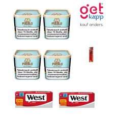 Sparset Tabak Pueblo Blue. Vier blaue Dosen mit beigem Rand, West Red 250 Hülsen und Feuerzeug.