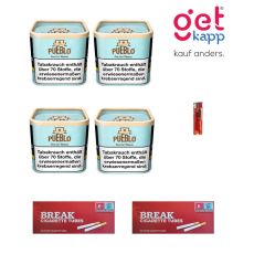 Sparset Tabak Pueblo Blue. Vier blaue Dosen mit beigem Rand, Break Hülsen und Feuerzeug.