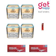 Sparset Tabak Pueblo Classic. Vier beige Dosen mit blauem Rand, Break Hülsen und Feuerzeug.