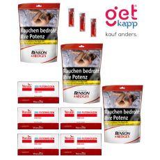 Sparset Benson & Hedges Tabak Red Beutel. Drei rot-weiße Beutel mit Benson & Hedges Logo, Hülsen und Feuerzeuge.