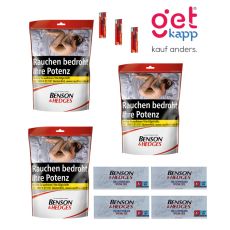 Sparset Benson & Hedges Tabak Red Beutel. Drei rot-weiße Beutel mit Benson & Hedges Logo, Hülsen und Feuerzeuge.