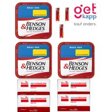 Sparset Benson & Hedges Tabak Red Mega Box. Drei rot-weiße Eimer mit Benson & Hedges Logo, Hülsen und Feuerzeuge.