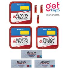 Sparset Benson & Hedges Tabak Red Mega Box. Drei rot-weiße Eimer mit Benson & Hedges Logo, Hülsen und Feuerzeuge.