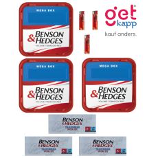 Sparset Benson & Hedges Tabak Red Mega Box. Drei rot-weiße Eimer mit Benson & Hedges Logo, Hülsen und Feuerzeuge.