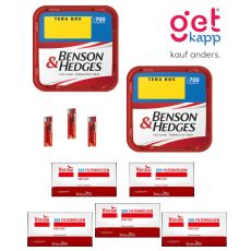 Sparset Benson & Hedges Tabak Red Tera Box. Zwei rot-weiße Eimer mit Benson & Hedges Logo, Hülsen und Feuerzeuge.