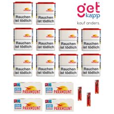 Sparset Tabak Paramount Dose. Zehn weiße Dosen mit Paramont Logo mit Paramount Hülsen und Feuerzeugen.