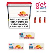 Sparset Tabak Paramount Red Ultra Big Box. Ein weiß-roter Eimer mit Paramont Logo mit Paramount Hülsen und Feuerzeugen.