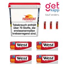 Sparset Tabak Paramount Red Ultra Big Box. Ein weiß-roter Eimer mit Paramont Logo mit West Hülsen und Feuerzeugen.