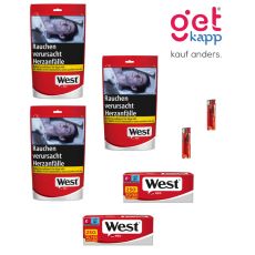 Sparset Tabak West Red L Beutel. Drei rot-graue Beutel mit West Logo, West Red 250 Hülsen und Feuerzeuge.