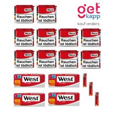 Sparset Tabak West Red Dose M 10er. Zehn rot-graue Dosen mit West Logo und West Red 250 Hülsen und Feuerzeuge.